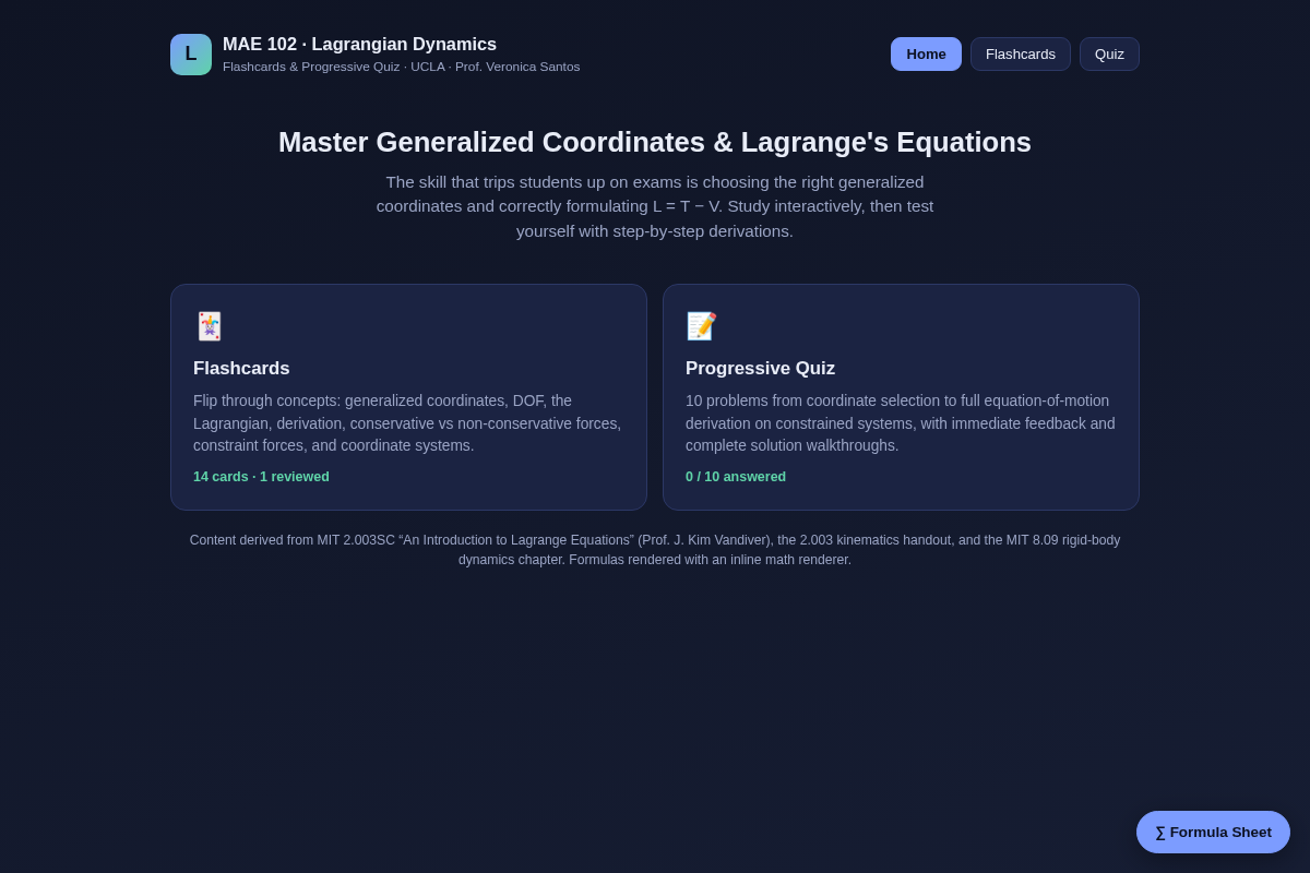 Preview of Lagrangian Dynamics Flashcard & Quiz App