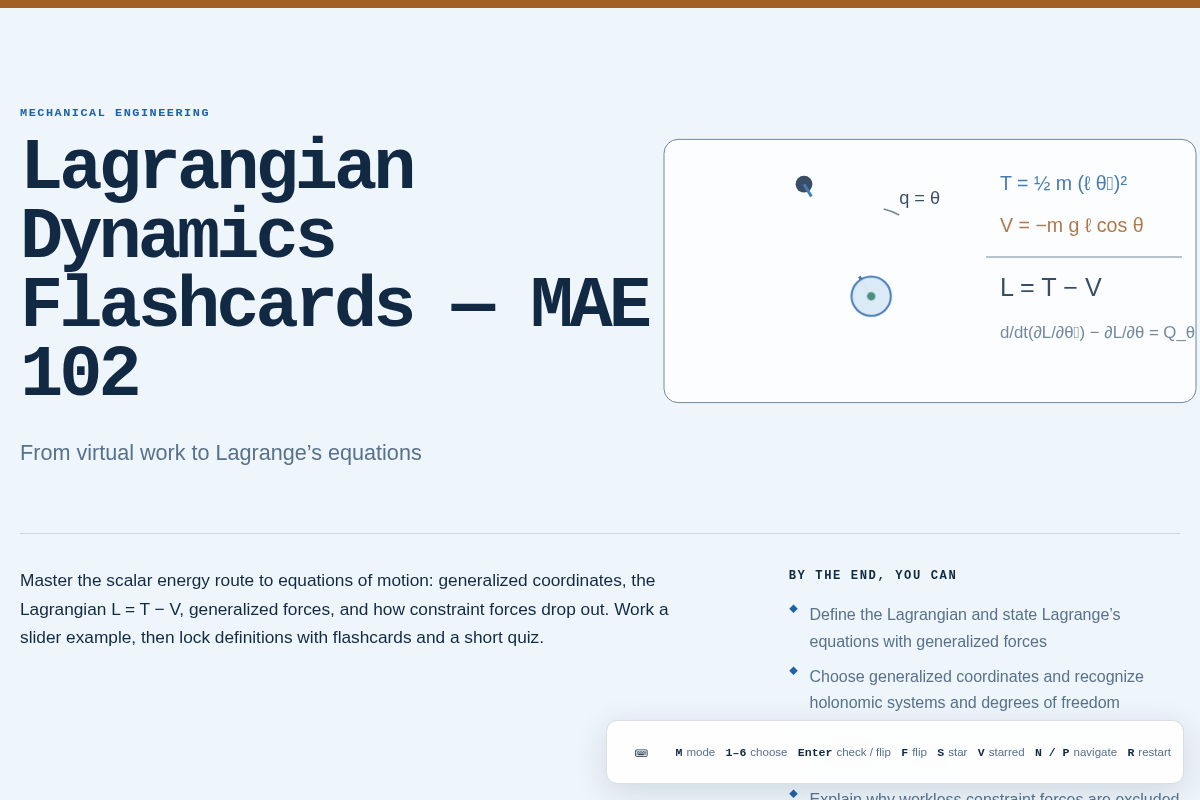 Preview of Lagrangian Dynamics Flashcards — MAE 102
