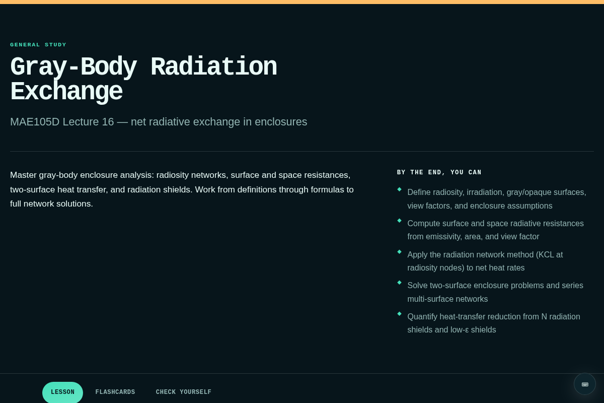 Preview of Lecture 16 Study App — Gray-Body Radiation Exchange (MAE105D)