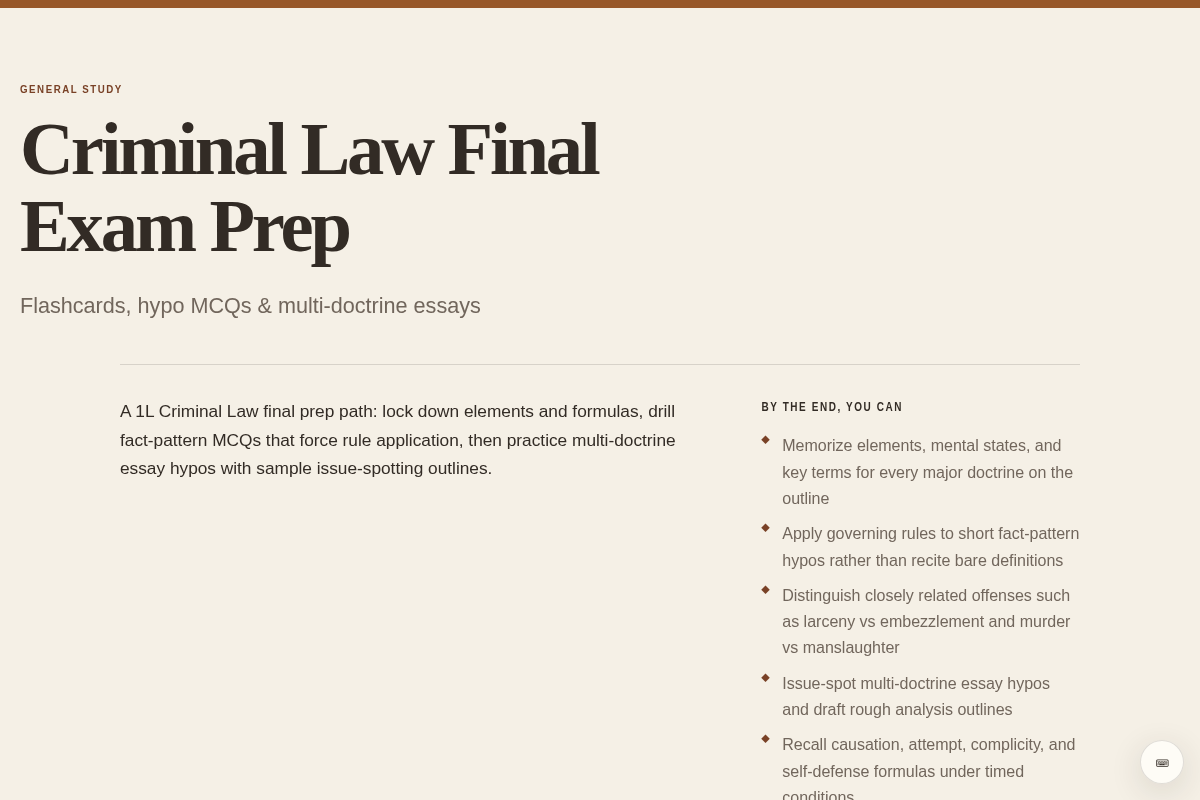 Preview of Criminal Law Final Exam Prep — Flashcards, Hypo MCQs & Essay Practice