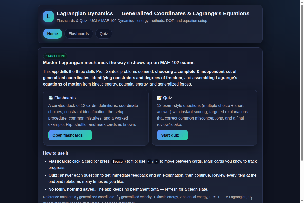Preview of Lagrangian Dynamics: Generalized Coordinates & Lagrange Equations Flashcards & Quiz App