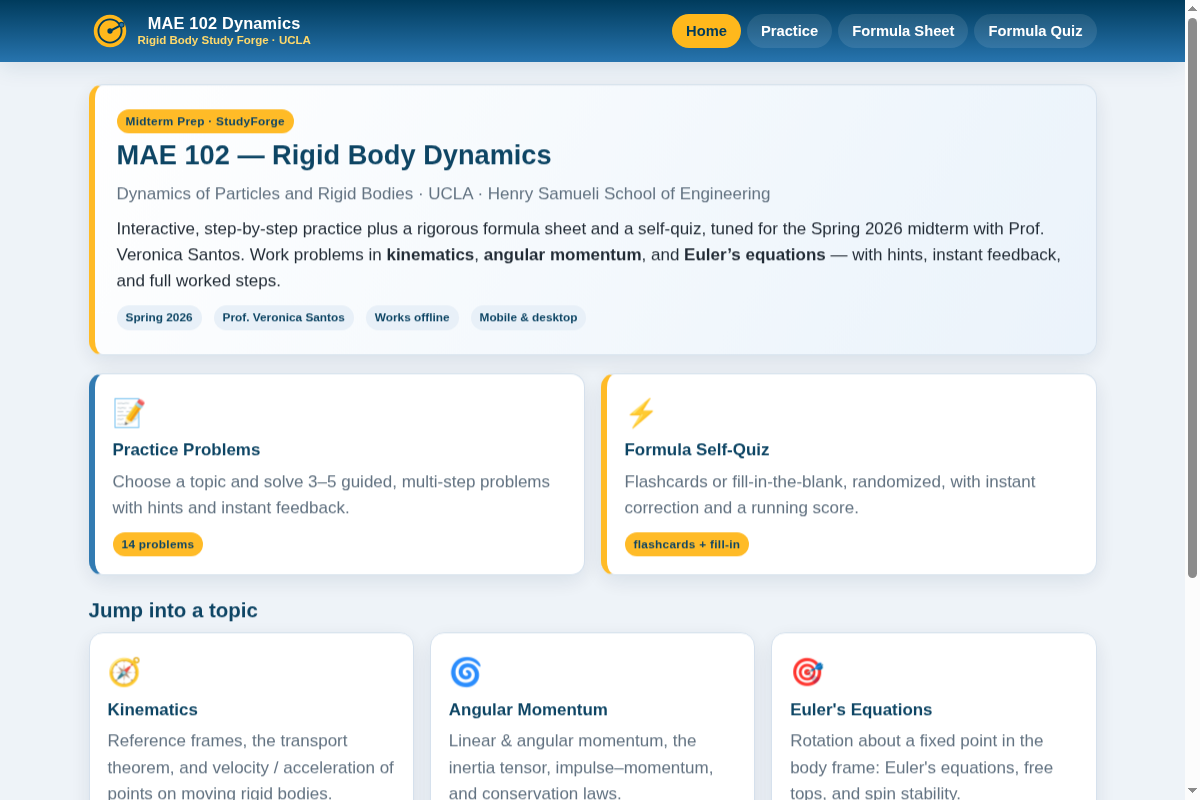 Preview of MAE 102 Rigid Body Dynamics Study App