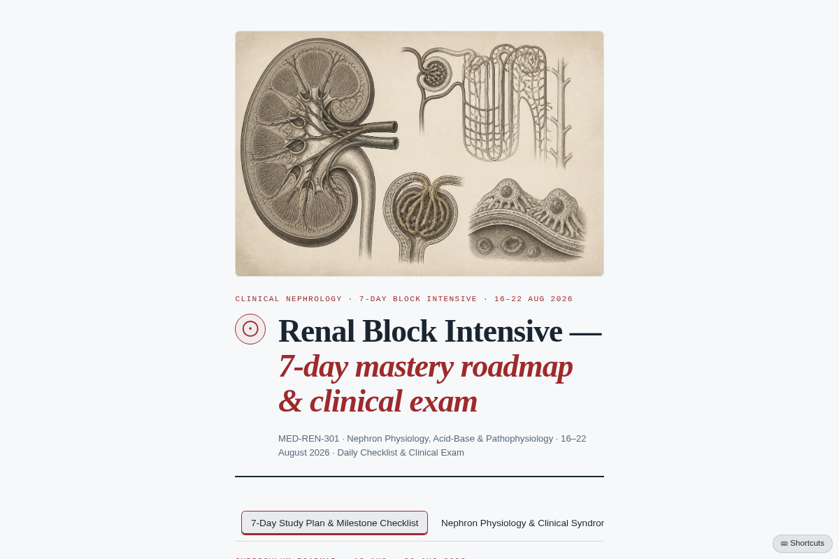 Preview of Renal Block 7-Day Study Plan & Clinical MCQ Exam (16–22 Aug 2026)