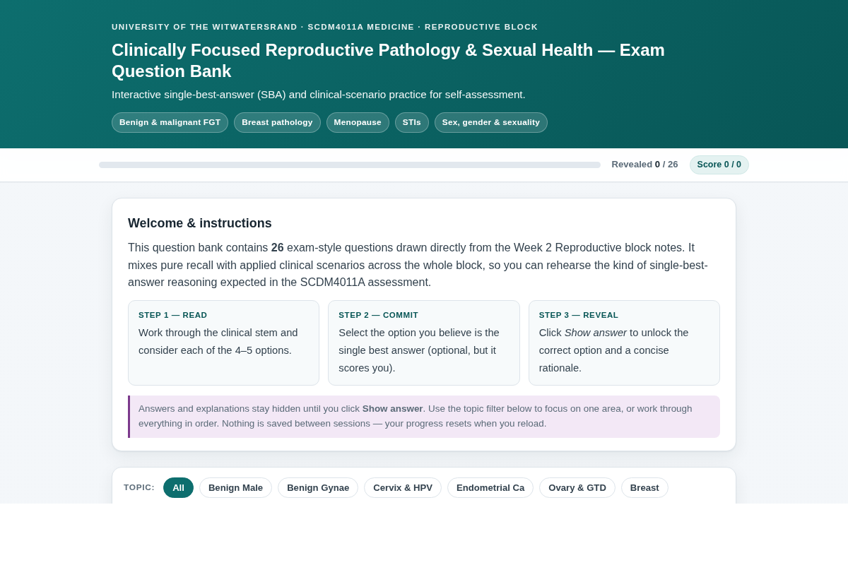 Preview of Clinically Focused Reproductive Pathology & Sexual Health Exam Questions (Interactive Webapp)