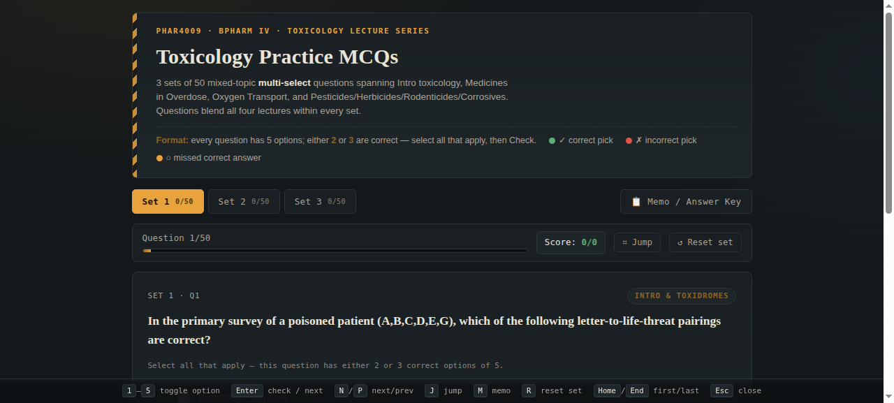 Preview of Toxicology Practice MCQs — 3 Sets × 50 (Multi-Select)