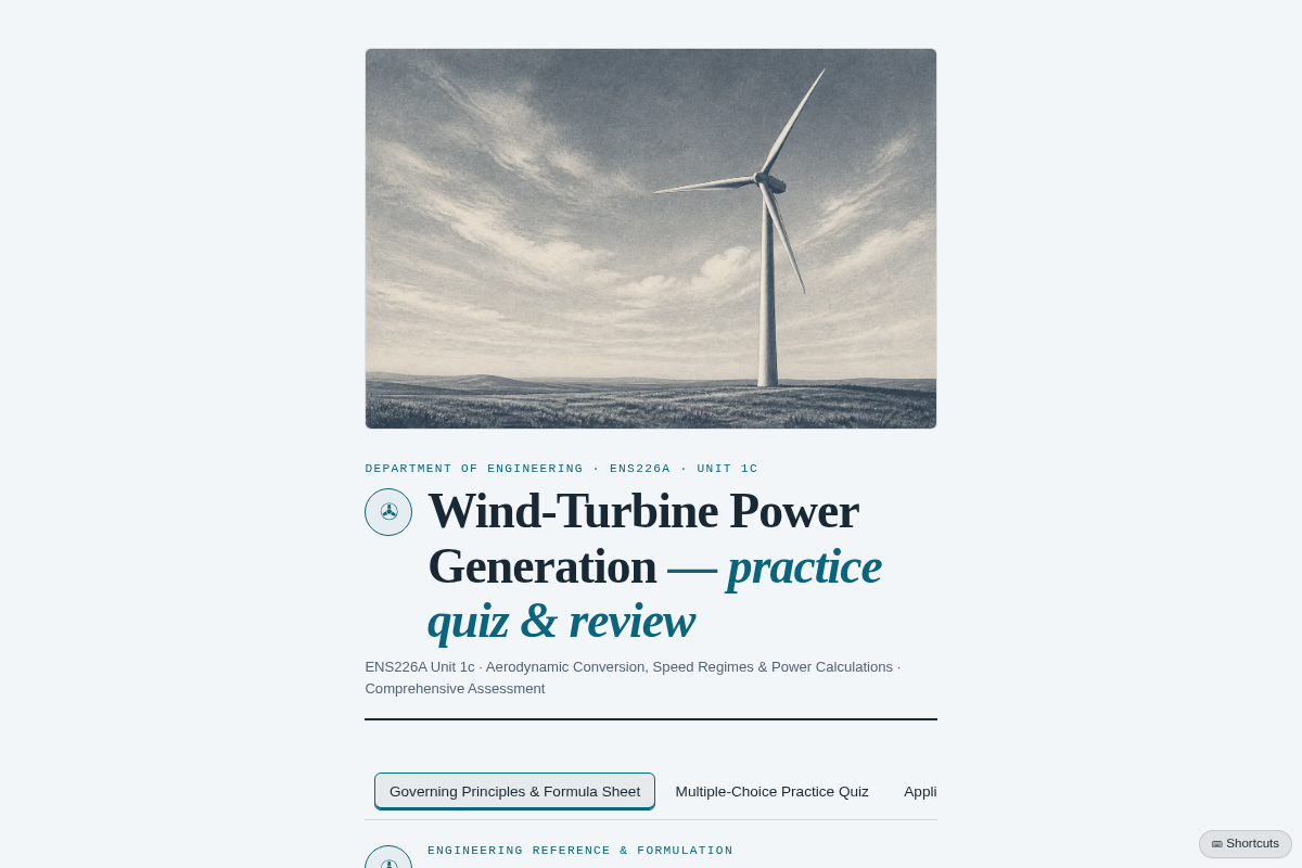 Preview of ENS226A Unit 1c: Wind-Turbine Power Generation — Practice Quiz