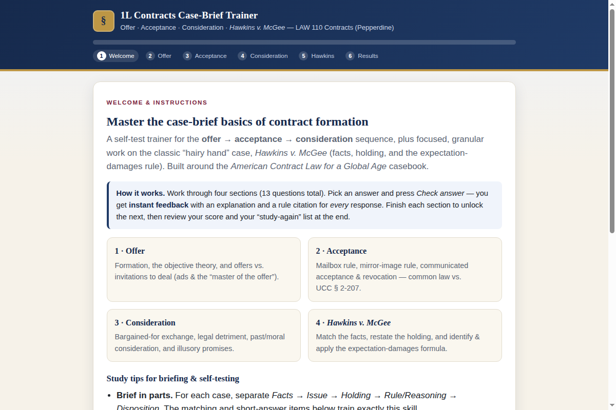 Preview of 1L Contracts Case-Brief Trainer: Offer, Acceptance, Consideration, and Hawkins v. McGee