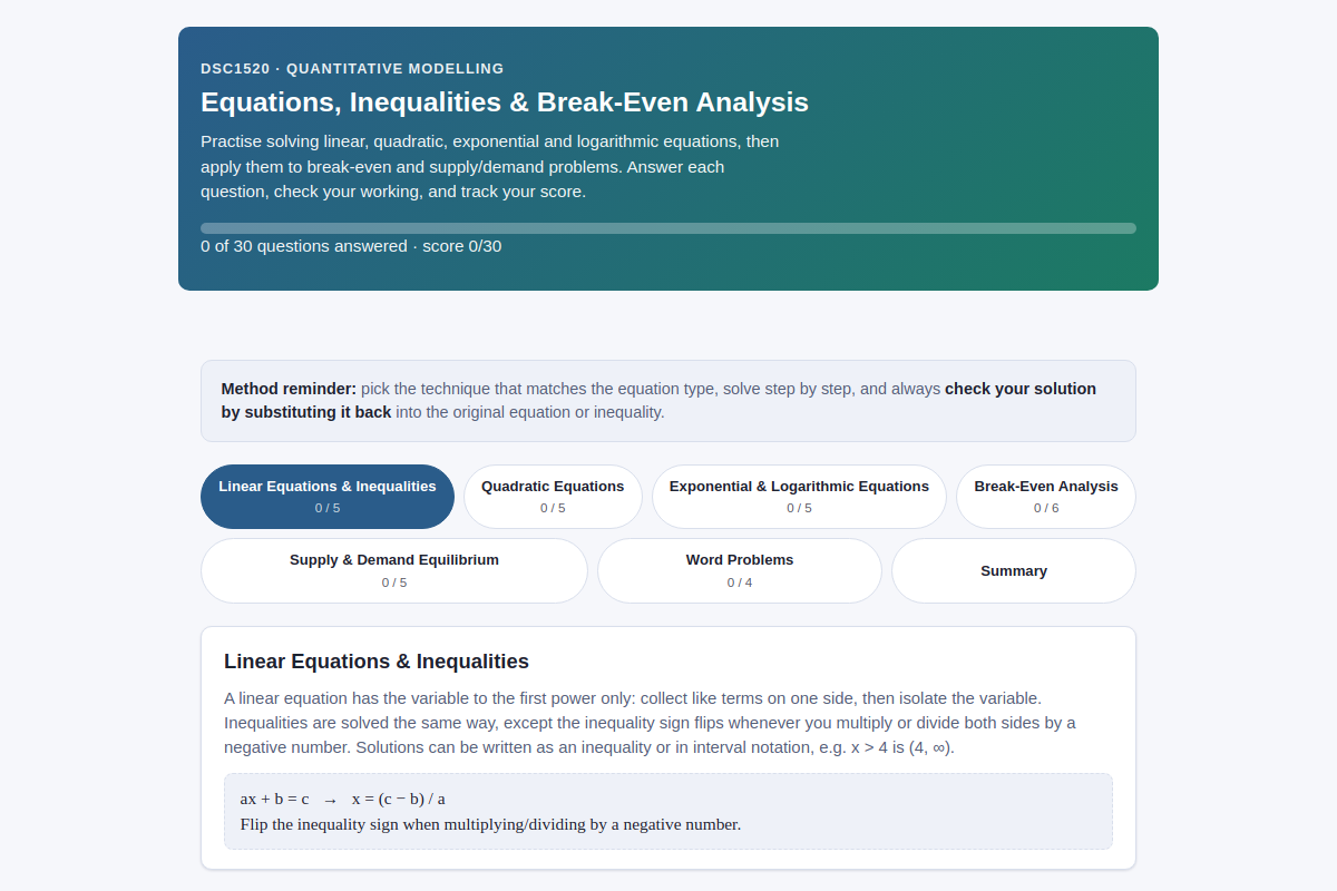 Preview of DSC1520: Equations, Inequalities & Break-Even Analysis Practice