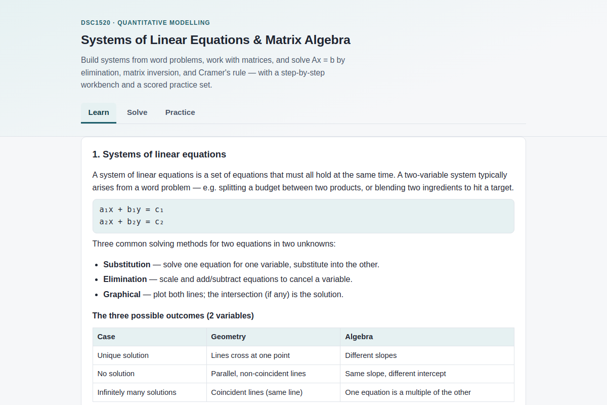 Preview of DSC1520: Systems of Linear Equations & Matrix Algebra — Solver & Practice