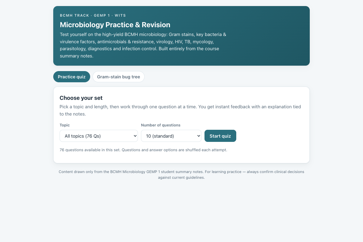 Preview of BCMH Microbiology (GEMP 1): Gram Stains, Pathogens, Antibiotics, TB & HIV Quiz
