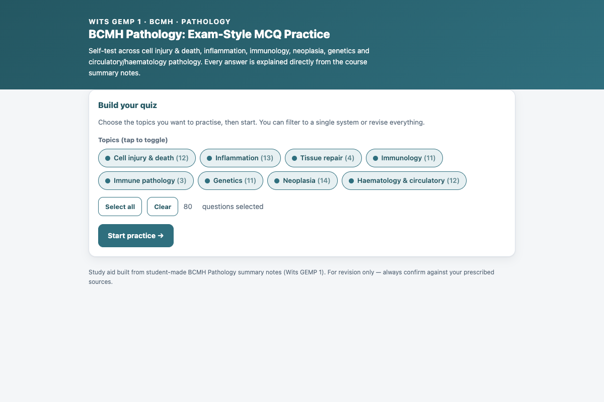 Preview of BCMH Pathology (Wits GEMP 1): Cell Injury, Inflammation, Neoplasia & Genetics MCQ Practice