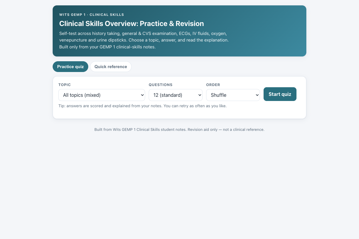 Preview of Wits GEMP 1 Clinical Skills Overview: Exam, ECG & Procedures Quiz