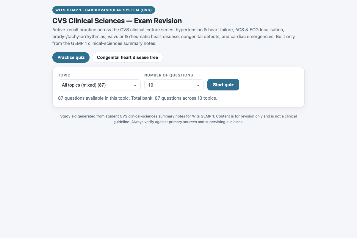 Preview of CVS Clinical Sciences (Wits GEMP 1): ECG, ACS, Arrhythmias, Valves & Congenital Heart Disease Quiz