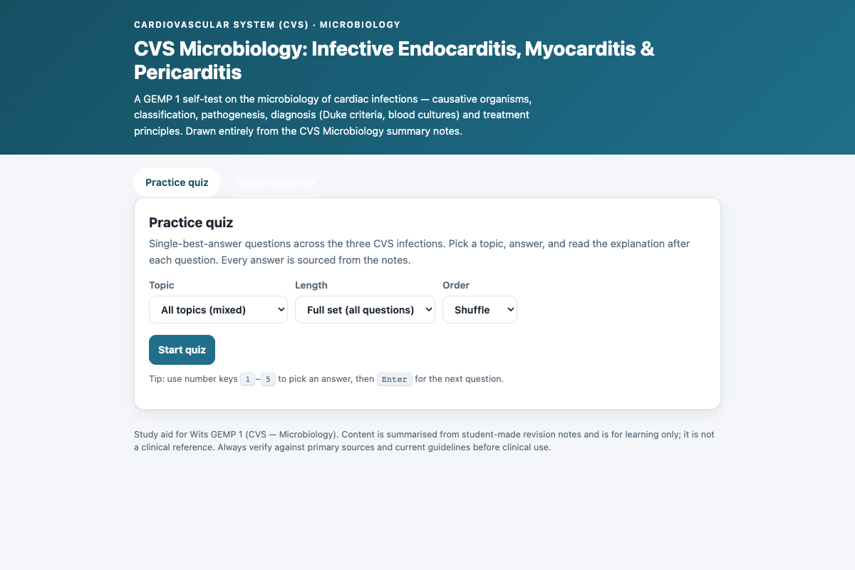 Preview of CVS Microbiology: Infective Endocarditis, Myocarditis & Pericarditis Quiz (GEMP 1)