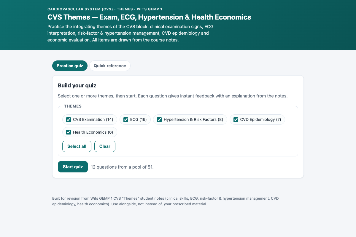Preview of CVS Themes (Wits GEMP 1): Exam, ECG, Hypertension, Epidemiology & Health Economics Quiz