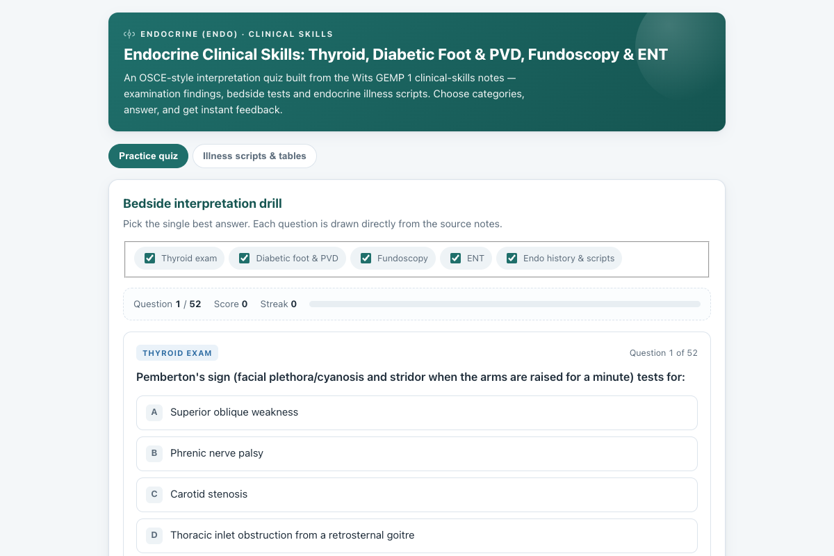 Preview of Endocrine (ENDO) Clinical Skills: Thyroid, Diabetic Foot & PVD, Fundoscopy & ENT Exam Quiz