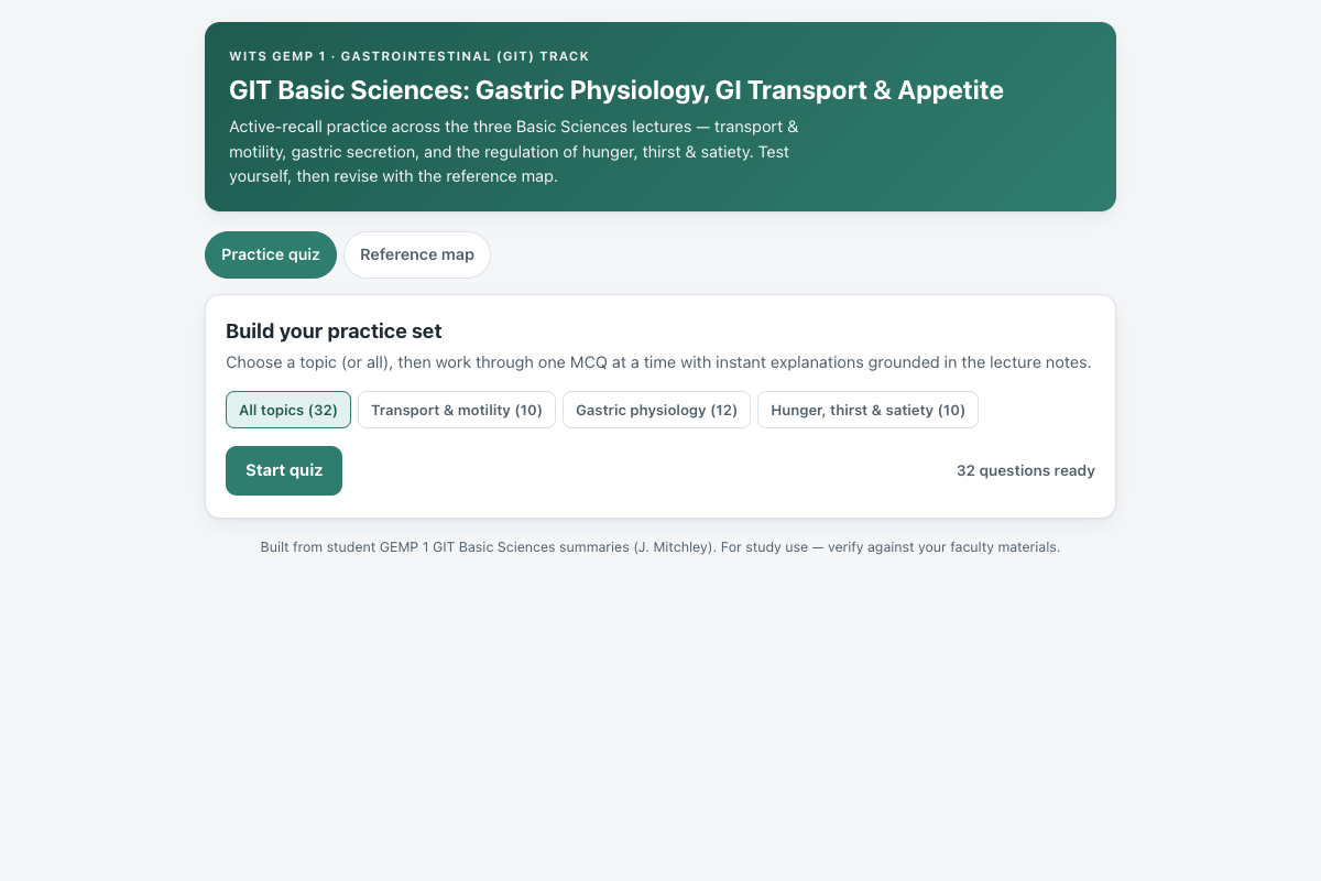 Preview of GIT Basic Sciences (GEMP 1): Gastric Physiology, GI Transport & Appetite Quiz