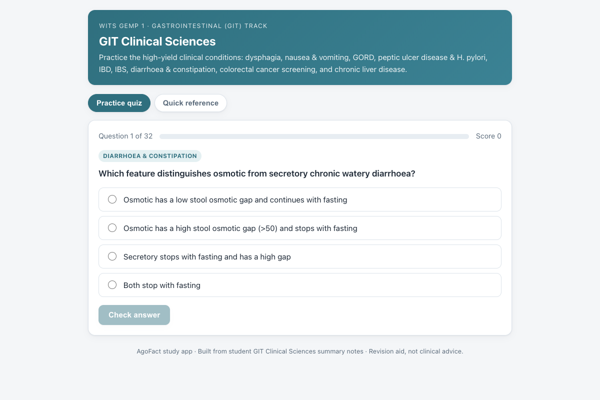 Preview of GIT Clinical Sciences (Wits GEMP 1): GORD, PUD, IBD, IBS & Liver Quiz