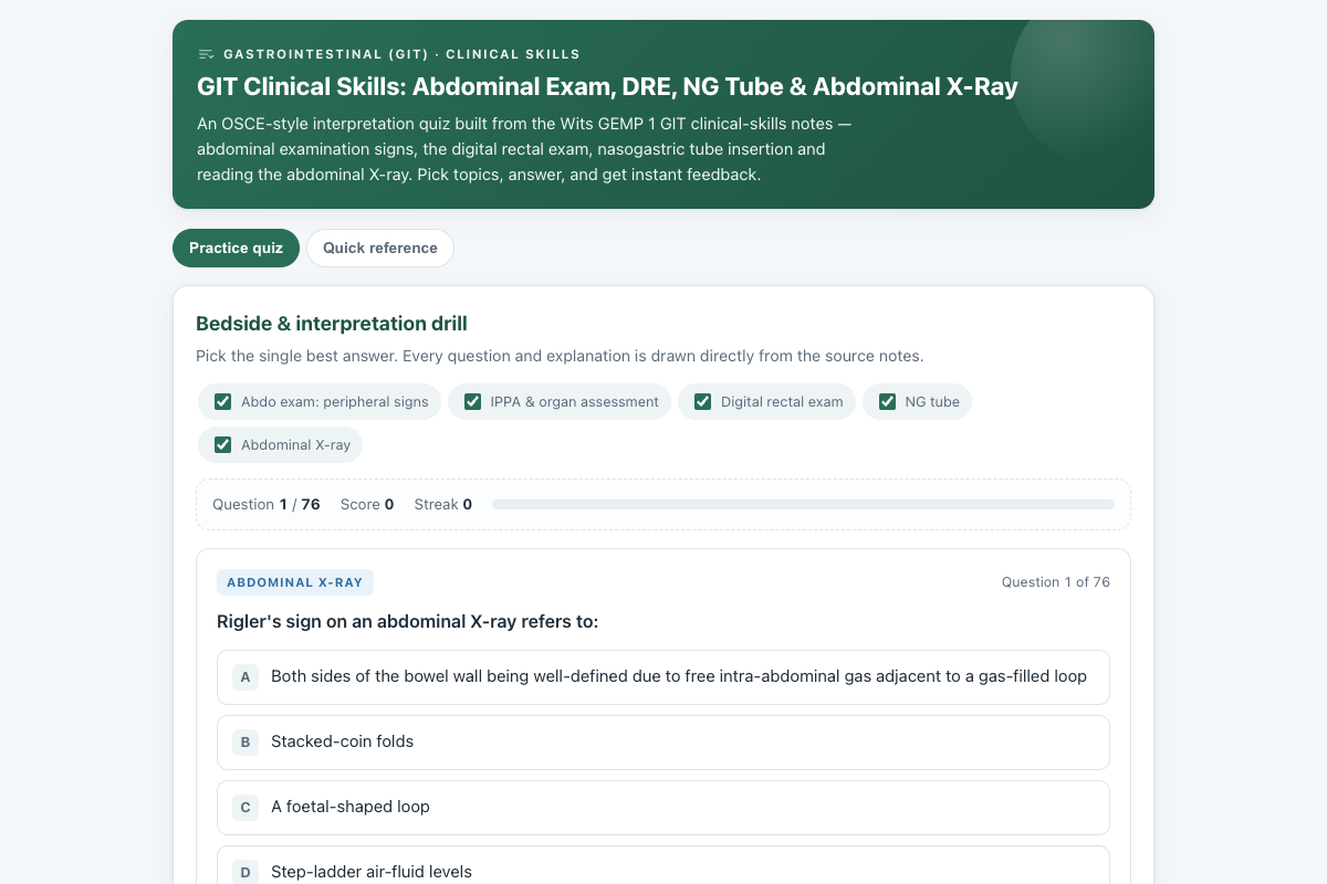 Preview of GIT Clinical Skills: Abdominal Exam, DRE, NG Tube & Abdominal X-Ray Quiz