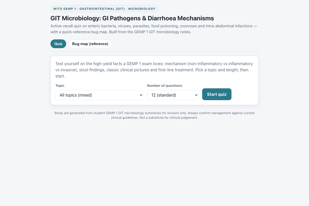 Preview of GIT Microbiology (GEMP 1): GI Pathogens, Diarrhoea Mechanisms & Treatment Quiz