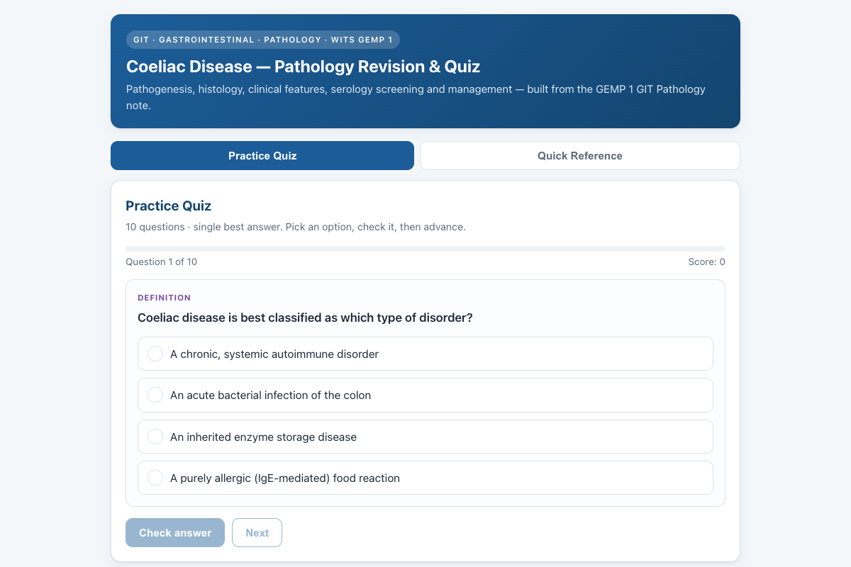 Preview of GIT Pathology: Coeliac Disease Quiz & Histology Revision (Wits GEMP 1)