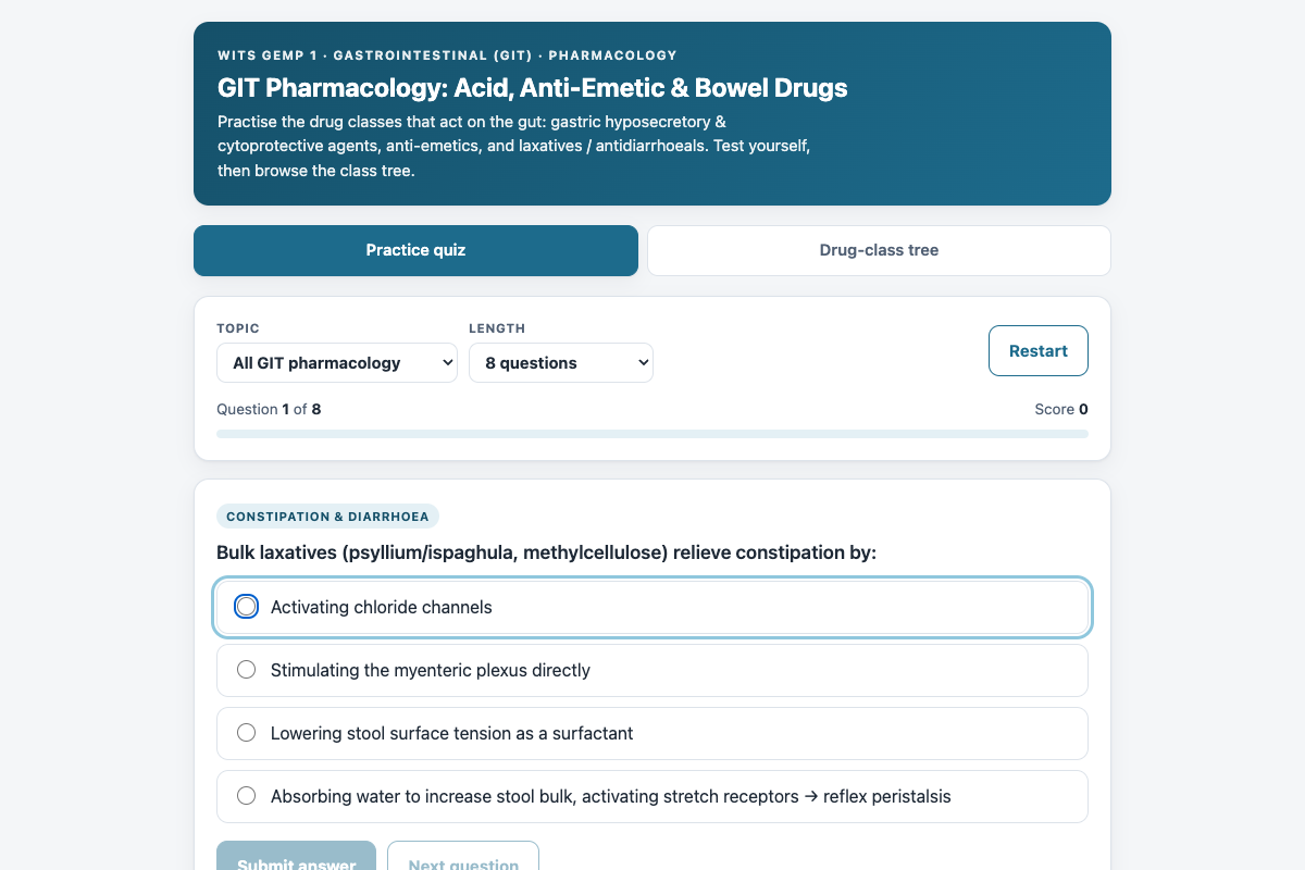 Preview of GIT Pharmacology (Wits GEMP 1): Acid, Anti-Emetic & Bowel Drug Classes Quiz