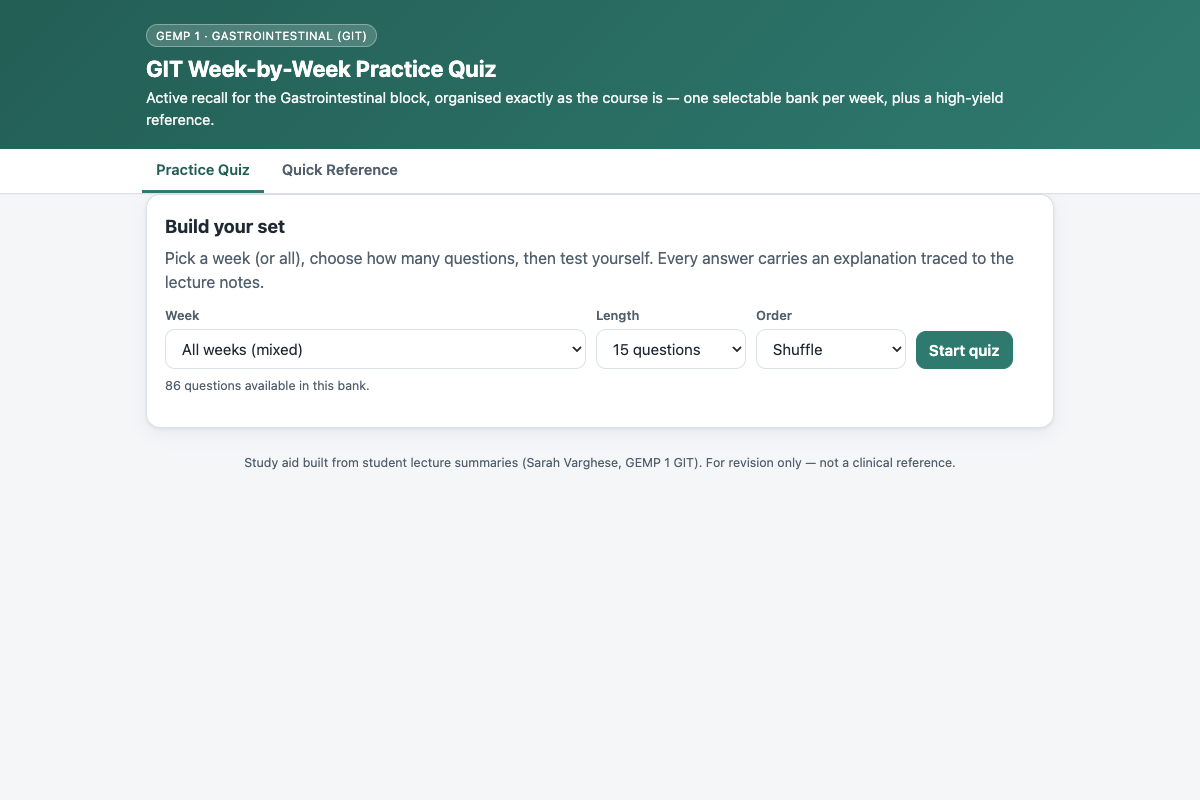 Preview of GIT Week-by-Week Practice: GEMP 1 Gastrointestinal Exam Quiz