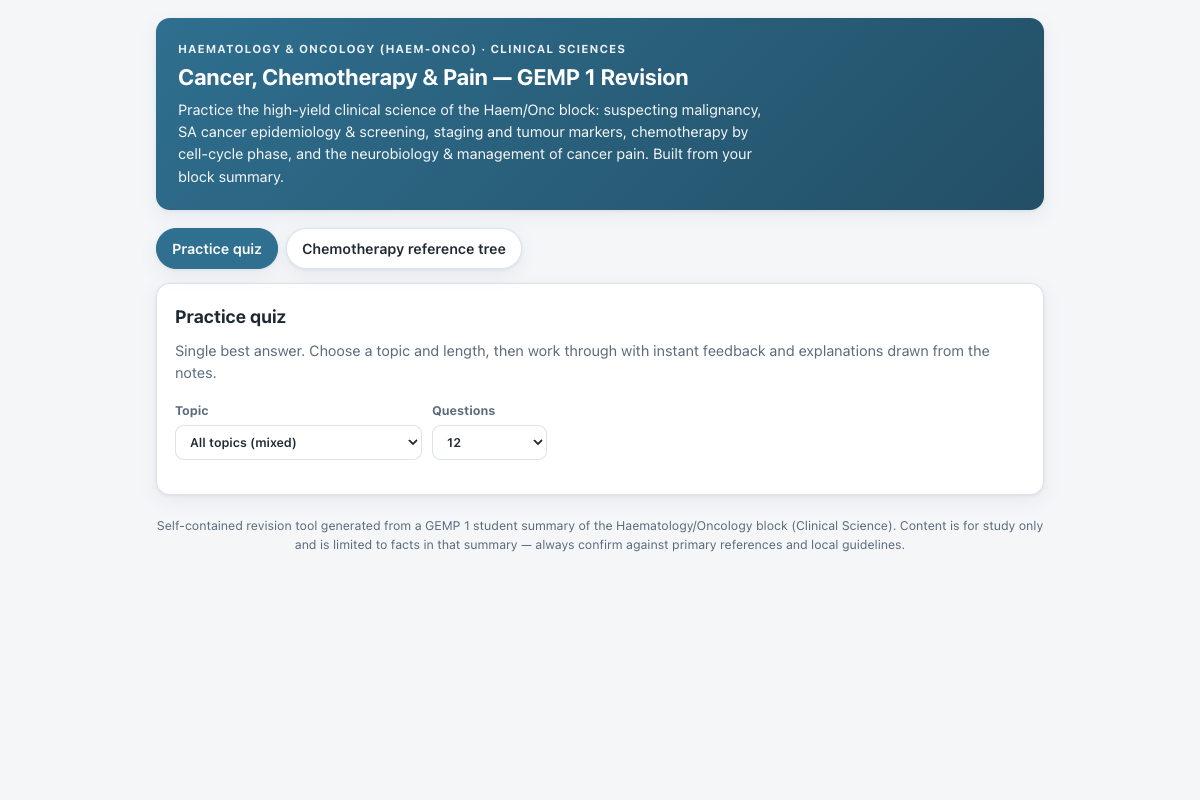 Preview of HAEM-ONCO Clinical Sciences (GEMP 1): Cancer, Chemotherapy & Pain Quiz