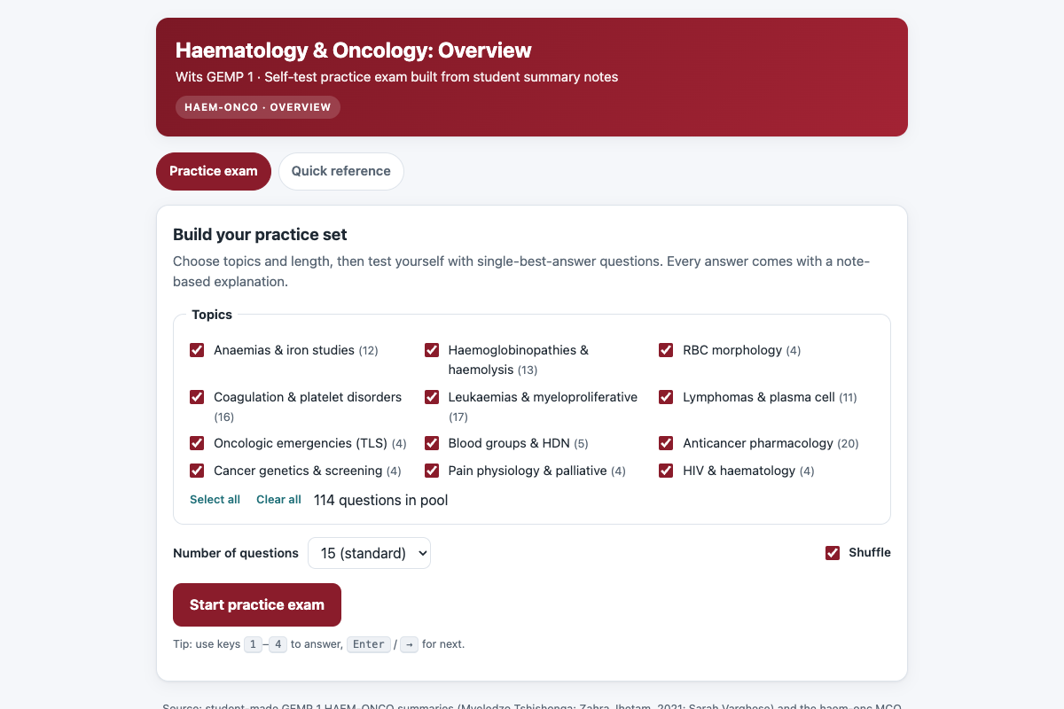 Preview of Haematology & Oncology Overview: Wits GEMP 1 Practice Exam (MCQ)