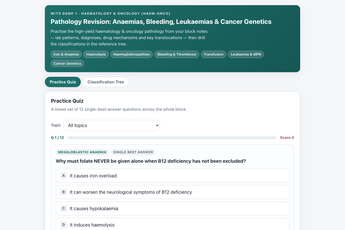 Preview of HAEM-ONCO Pathology (Wits GEMP 1): Anaemias, Bleeding, Leukaemias & Cancer Genetics Quiz