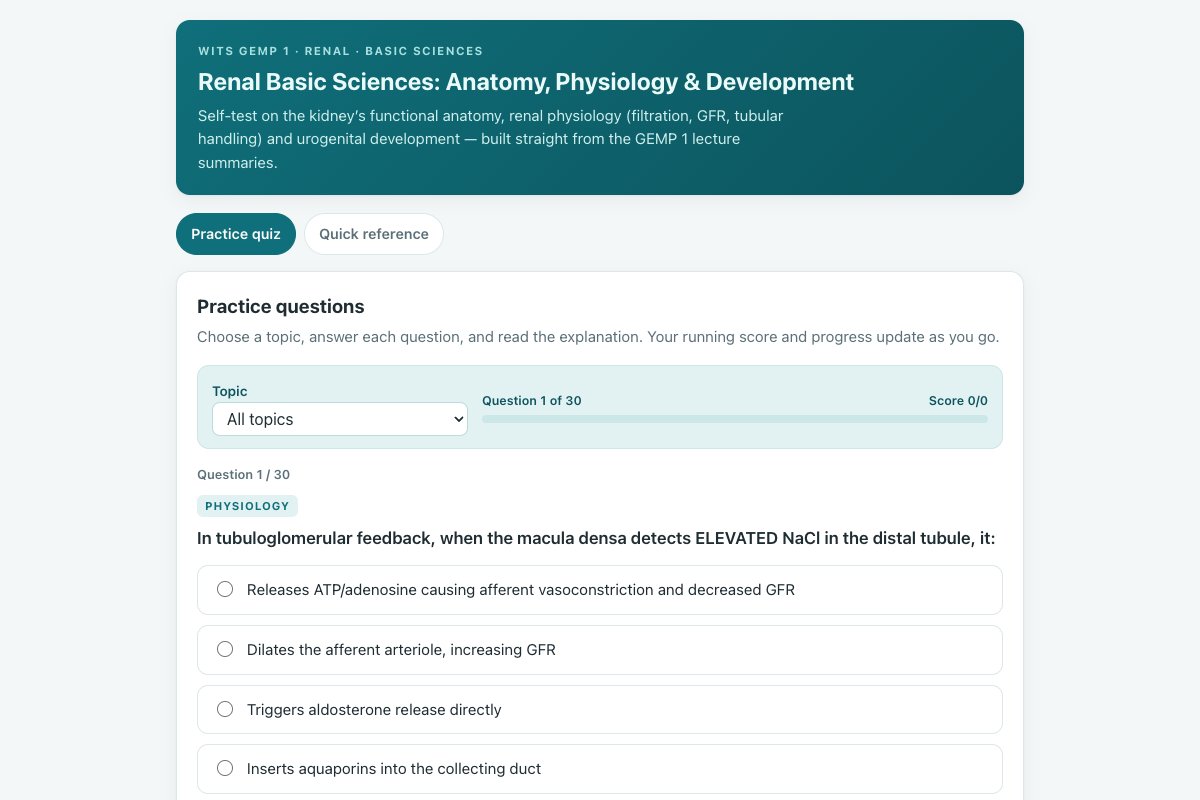 Preview of Renal Basic Sciences (Wits GEMP 1): Anatomy, Physiology & Development Quiz
