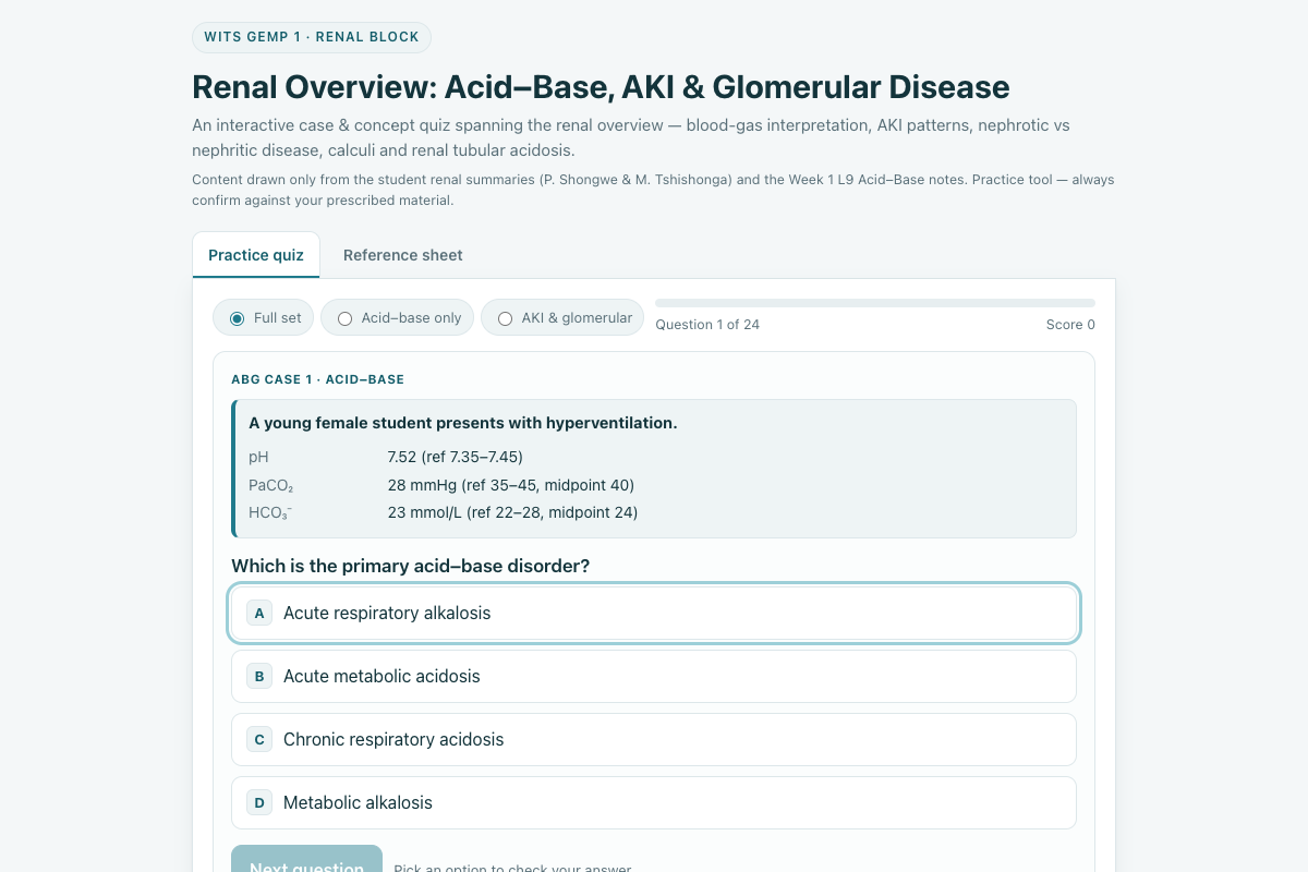 Preview of Wits GEMP 1 Renal Overview: Acid-Base, AKI & Glomerular Disease Quiz