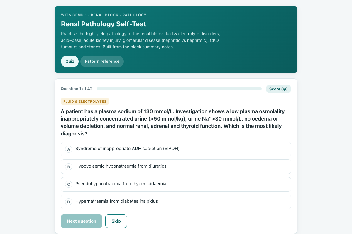 Preview of Renal Pathology (Wits GEMP 1): AKI, Glomerular Disease, Stones & CKD Quiz