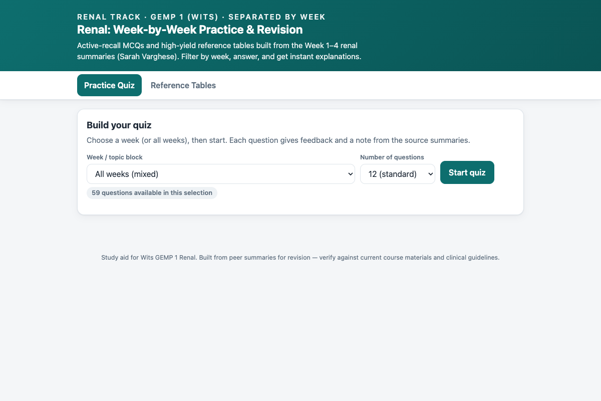 Preview of Renal GEMP 1 (Wits): Week-by-Week Practice Quiz & Revision
