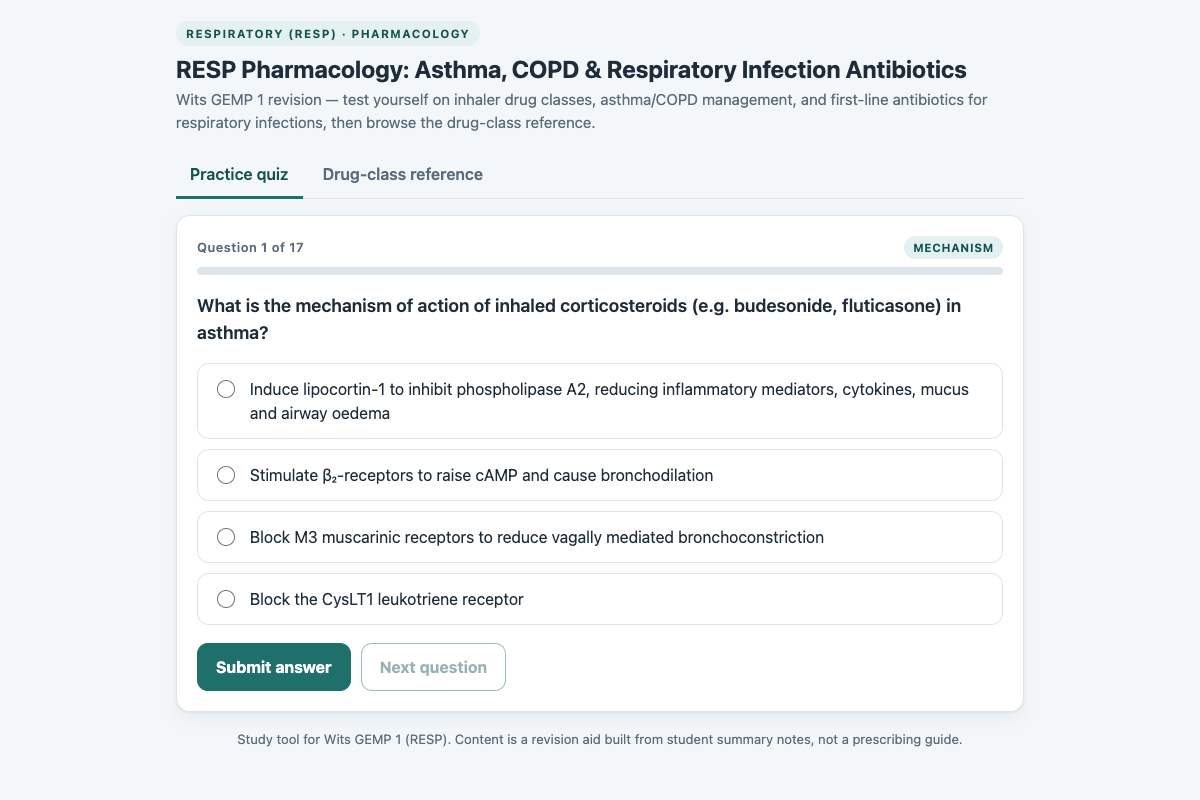 Preview of RESP Pharmacology: Asthma, COPD & Respiratory Antibiotics Quiz