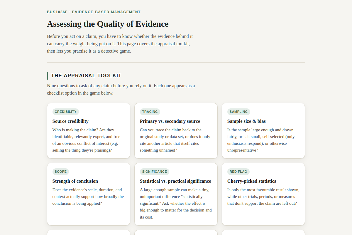Preview of BUS1036F: Assessing the Quality of Evidence — Evidence Detective Game