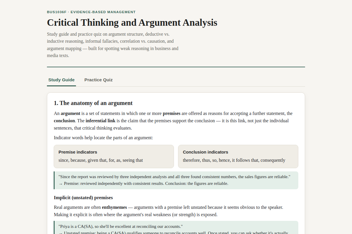Preview of BUS1036F: Critical Thinking and Argument Analysis — Interactive Practice