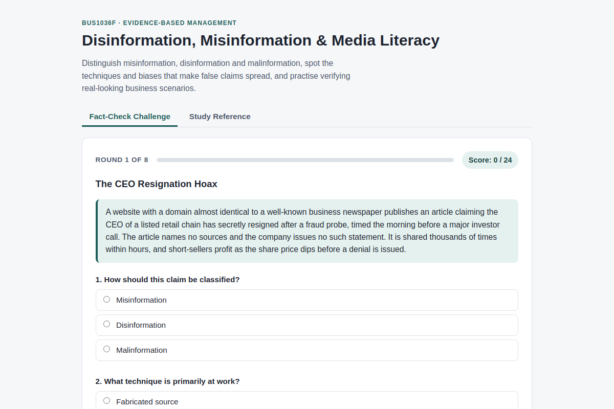 Preview of BUS1036F: Disinformation, Misinformation & Media Literacy Fact-Check Challenge