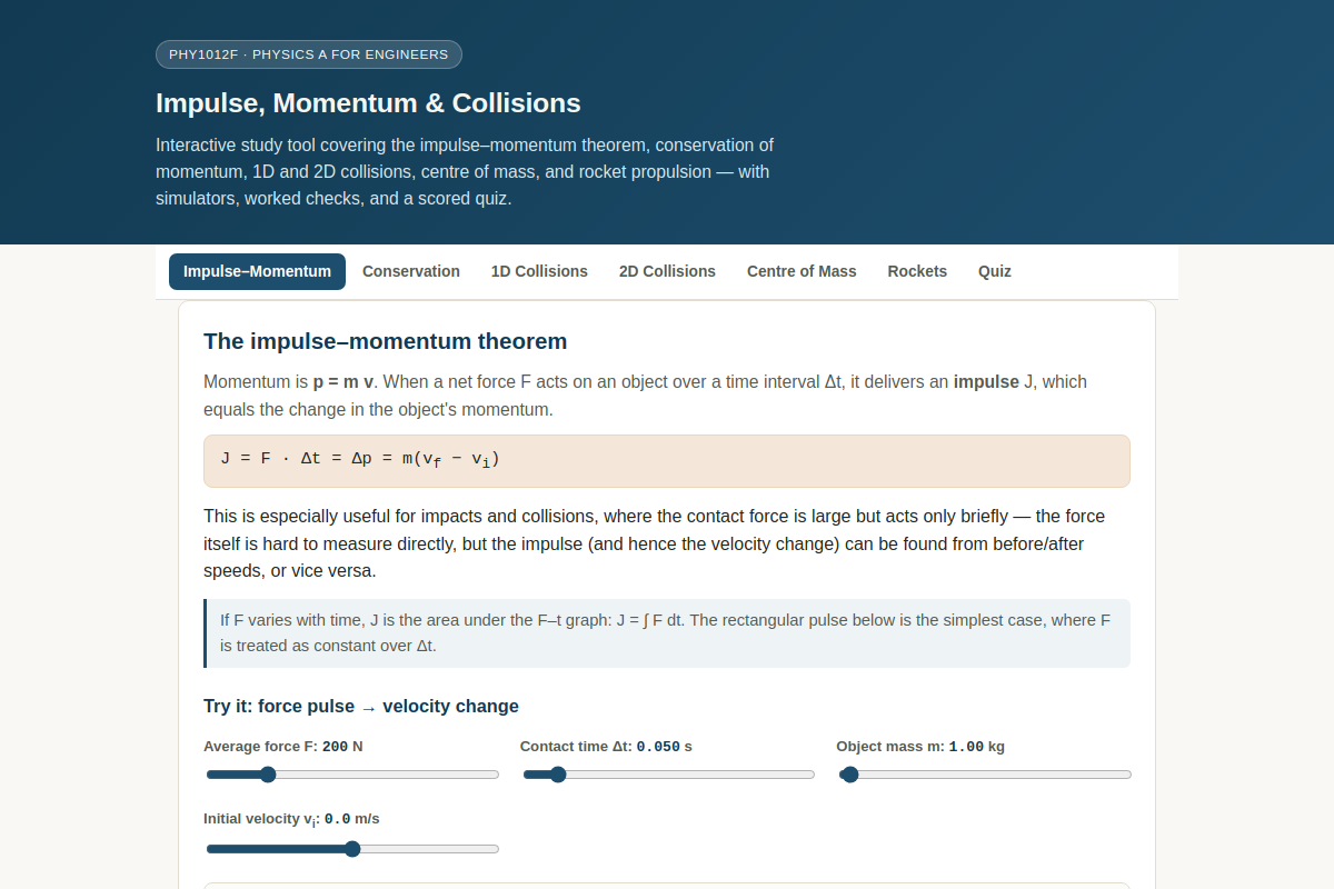 Preview of PHY1012F: Impulse, Momentum & Collisions — Interactive Simulator