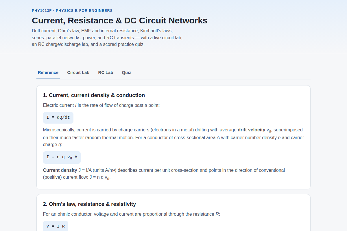 Preview of PHY1013F: Current, Resistance & DC Circuit Networks (Kirchhoff's Laws, RC Transients)