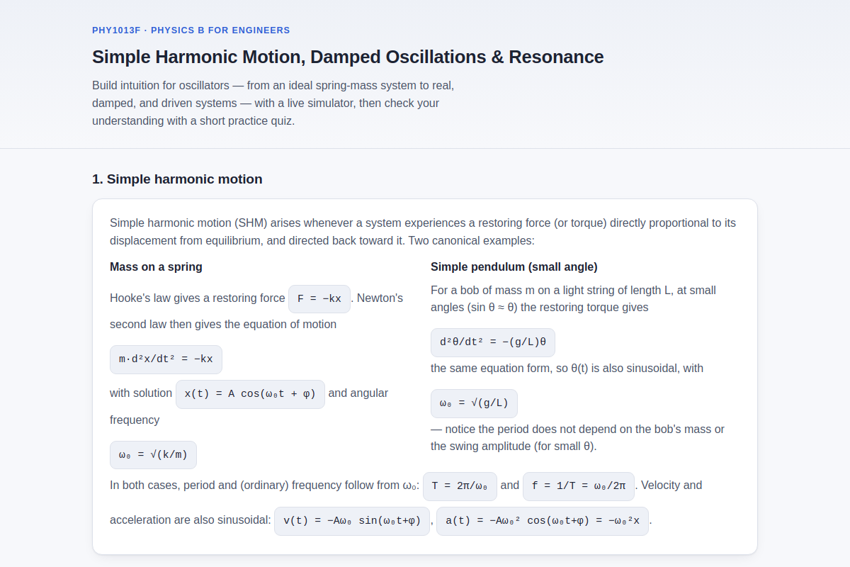 Preview of PHY1013F: Simple Harmonic Motion, Damped Oscillations & Resonance