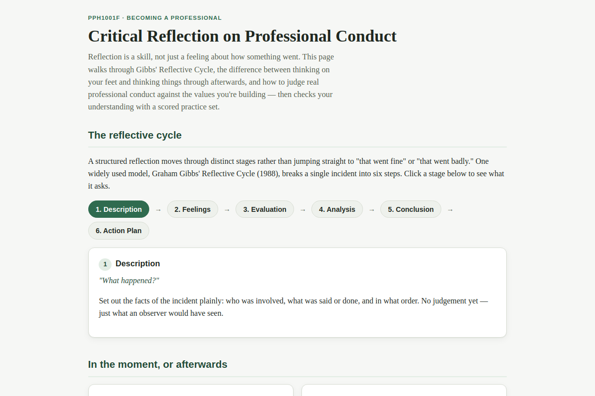 Preview of PPH1001F: Critical Reflection on Professional Conduct — Gibbs' Cycle & Case Vignettes