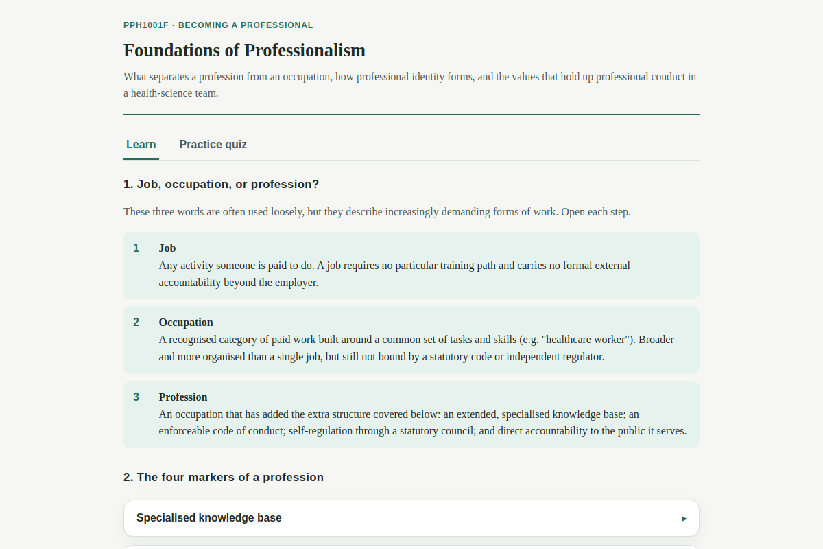 Preview of PPH1001F: Foundations of Professionalism — Job vs Occupation vs Profession, Team-Based Care