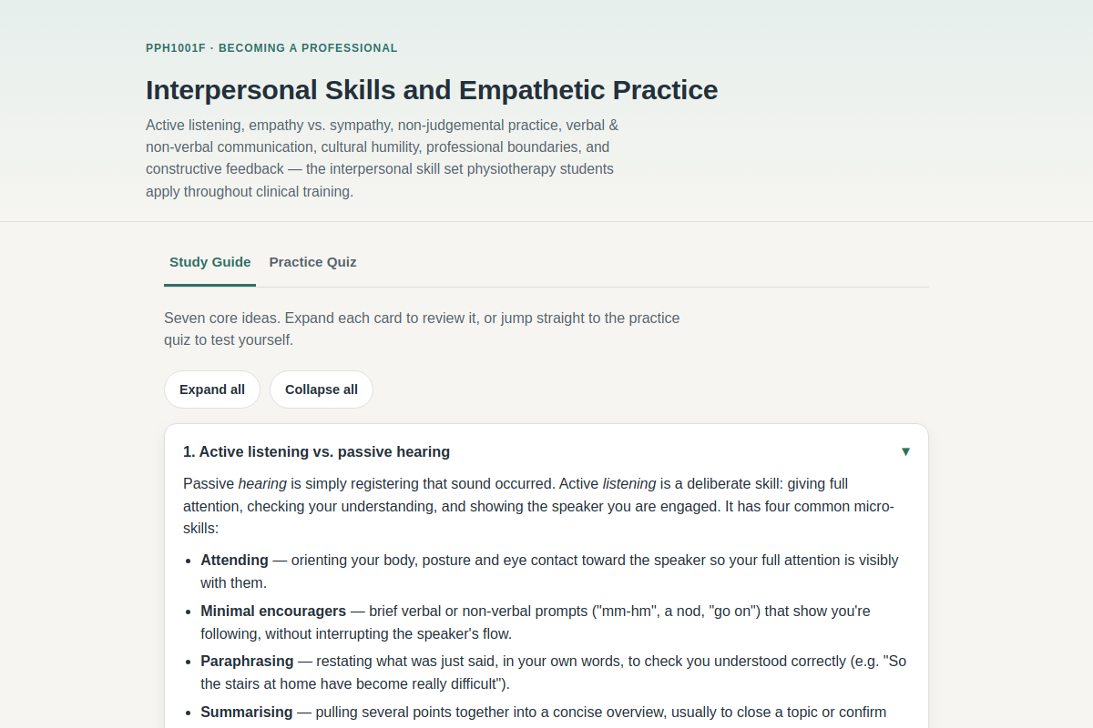 Preview of PPH1001F: Interpersonal Skills and Empathetic Practice Quiz