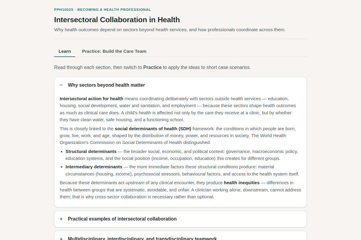 Preview of PPH1002S: Intersectoral Collaboration in Health — Care Team Builder