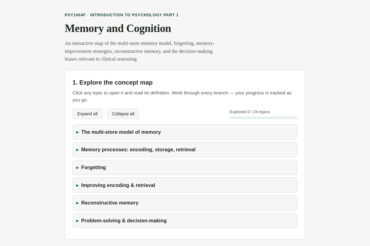 Preview of PSY1004F: Memory and Cognition — Concept Map & Practice Quiz