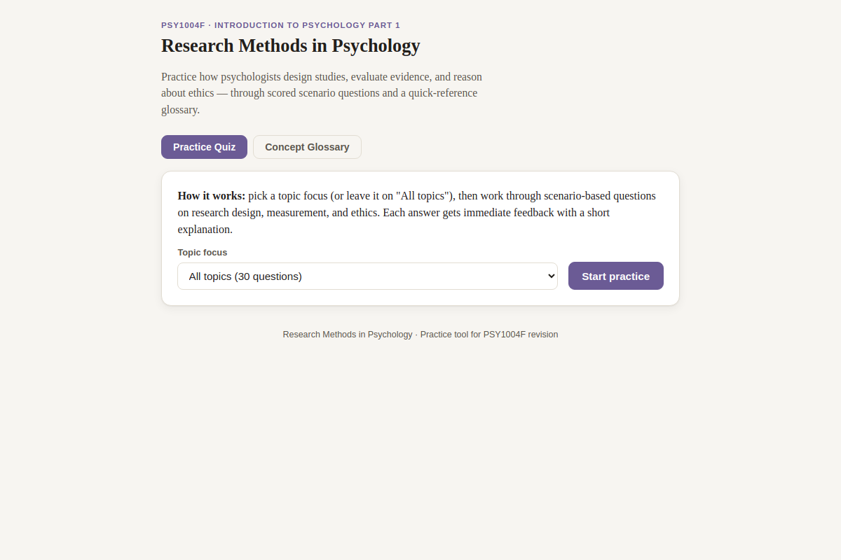 Preview of PSY1004F: Research Methods in Psychology — Practice Quiz & Glossary