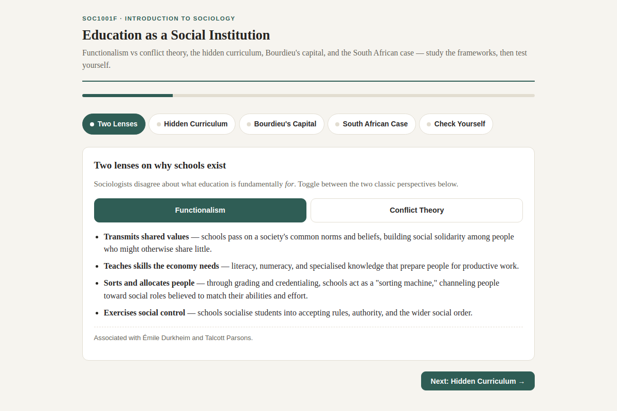 Preview of SOC1001F: Education as a Social Institution — Theory, Hidden Curriculum & SA Case