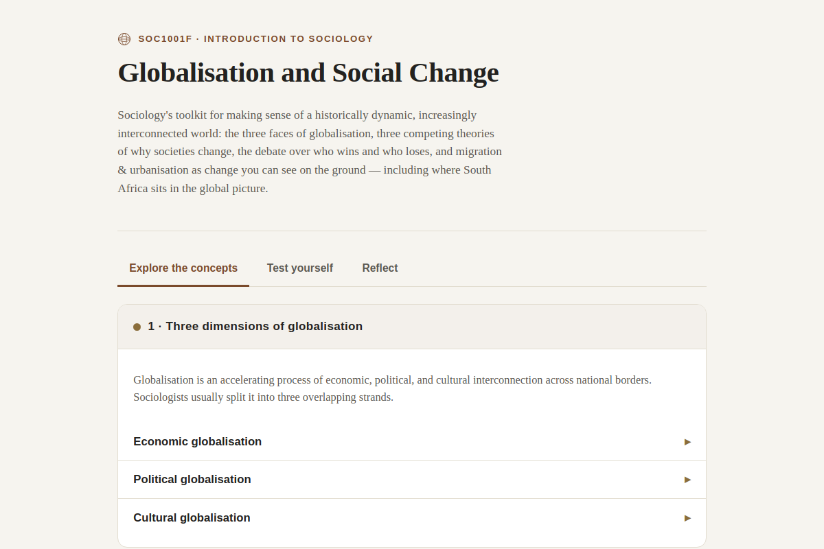 Preview of SOC1001F: Globalisation and Social Change — UCT Intro to Sociology Study Tool