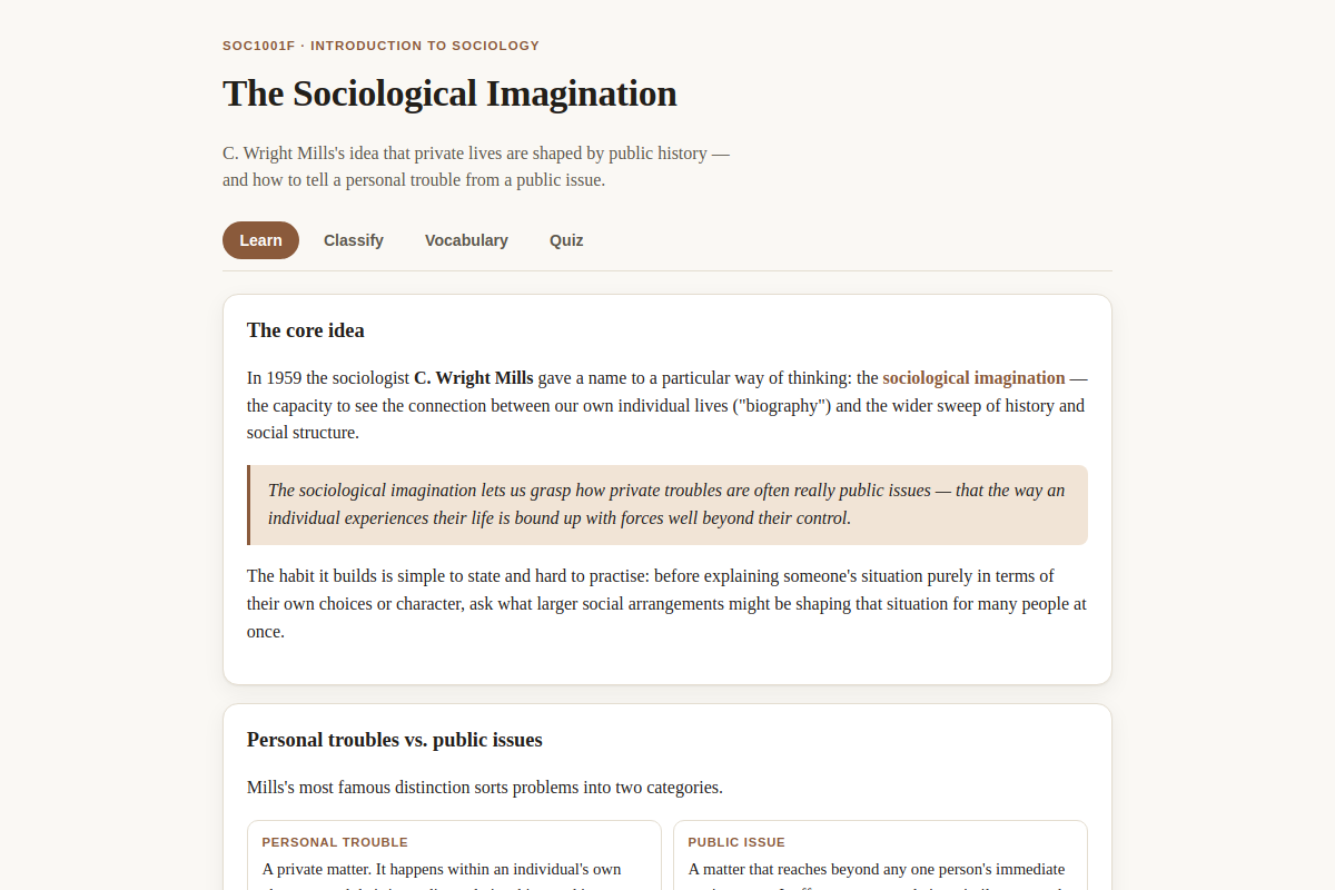 Preview of SOC1001F: The Sociological Imagination — Personal Troubles vs Public Issues
